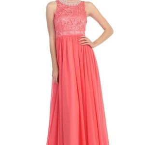 Lace & Chiffon Sleeveless Pearl Beaded Neck Gown